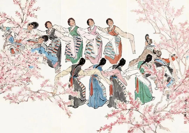 葉淺予高原之春紙本設(shè)色211cm×98cm、211cm×105cm、211cm×98cm1964年